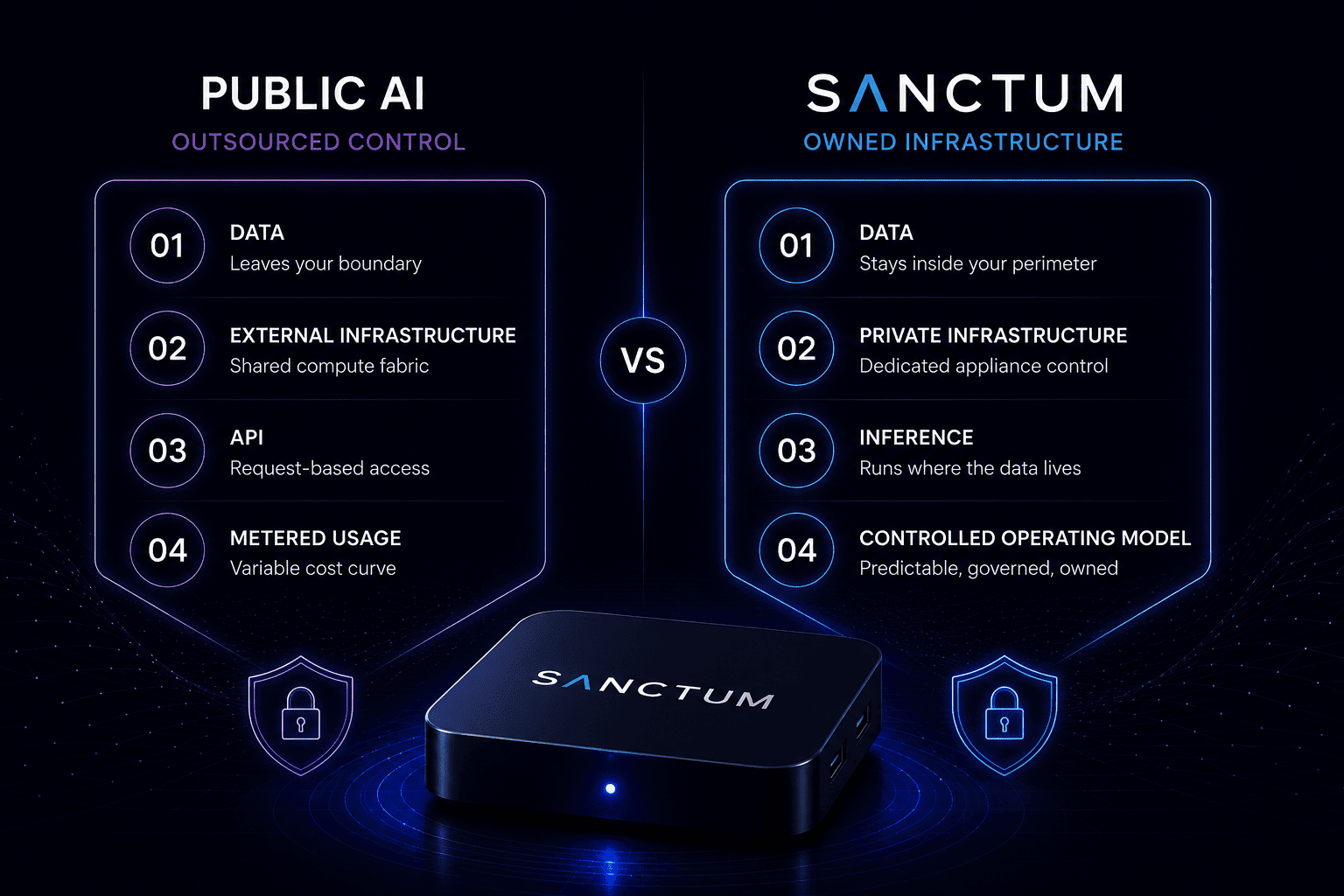 Public AI outsourced control compared with SANCTUM owned infrastructure