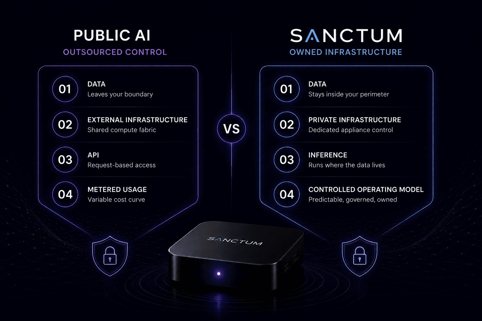 Public AI outsourced control compared with SANCTUM owned infrastructure